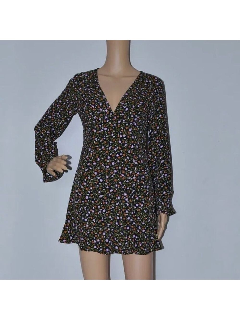 Zara Floral Print Long Sleeve Mini Dress Black Small